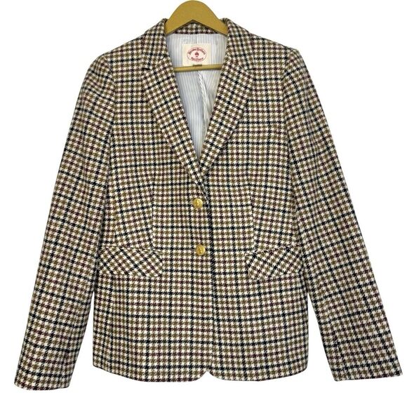 Brooks Brothers Red Fleece Wool Blazer Jacket Size 12 Houndstooth Gold Buttons - Picture 1 of 12